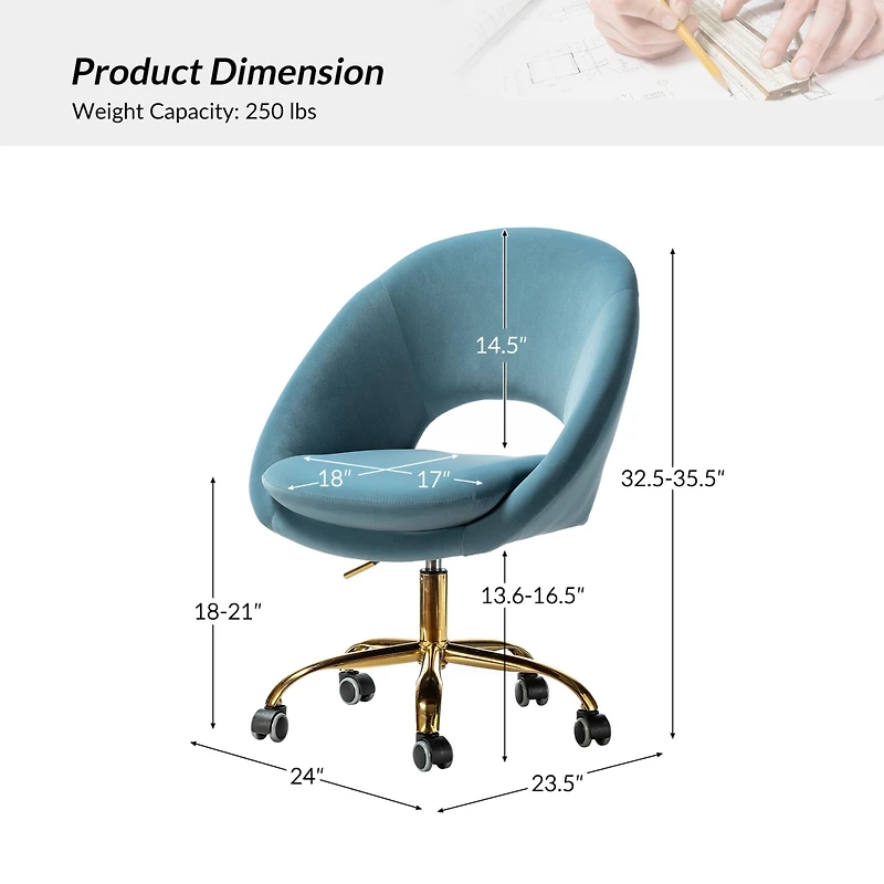 Hulala Home Modern Velvet Office Chair with Adjustable Swivel for Study Vanity