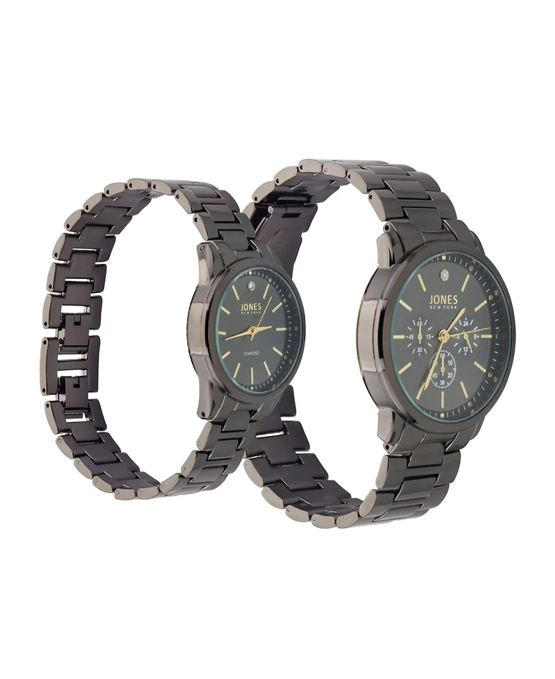 Jones New York Men and Women's Analog Shiny Black Metal Bracelet His Hers Watch 42mm, 32mm Gift Set