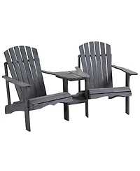 Outsunny Set of 2 Wooden Adirondack Chairs, Outdoor Double Seat with Center Table and Umbrella Hole for Patio, Backyard, Deck, Fire Pit, Grey