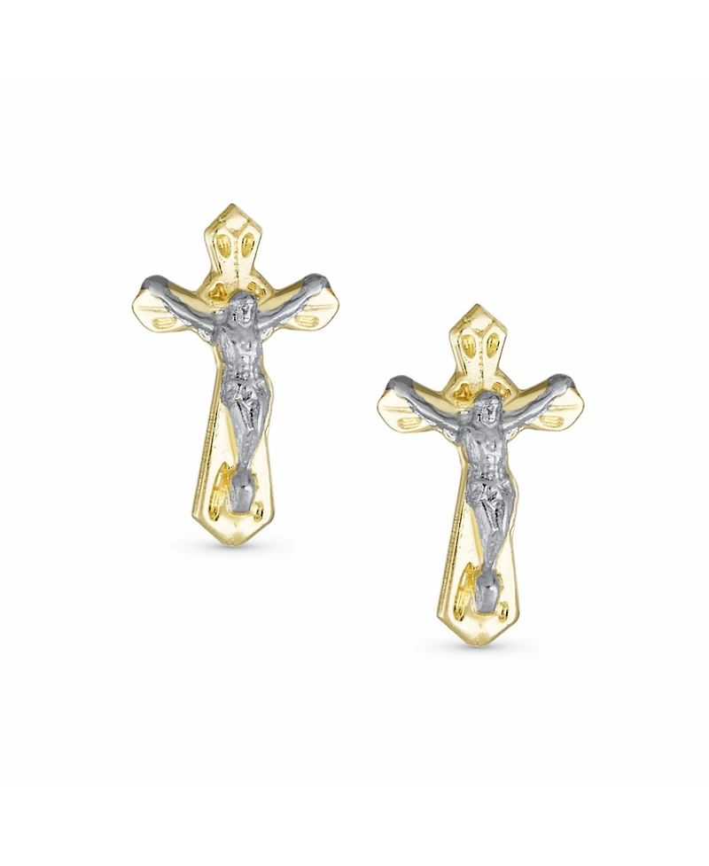 Bling Jewelry Tiny Minimalist Christian Religious Jesus Gold Crucifix Cross Two Tone Yellow 14K Gold Stud Earring Safety Screw Back