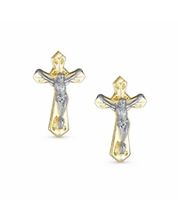 Bling Jewelry Tiny Minimalist Christian Religious Jesus Gold Crucifix Cross Two Tone Yellow 14K Gold Stud Earring Safety Screw Back