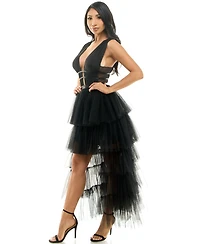 Bebe Women's Tiered High Low Mesh Gown