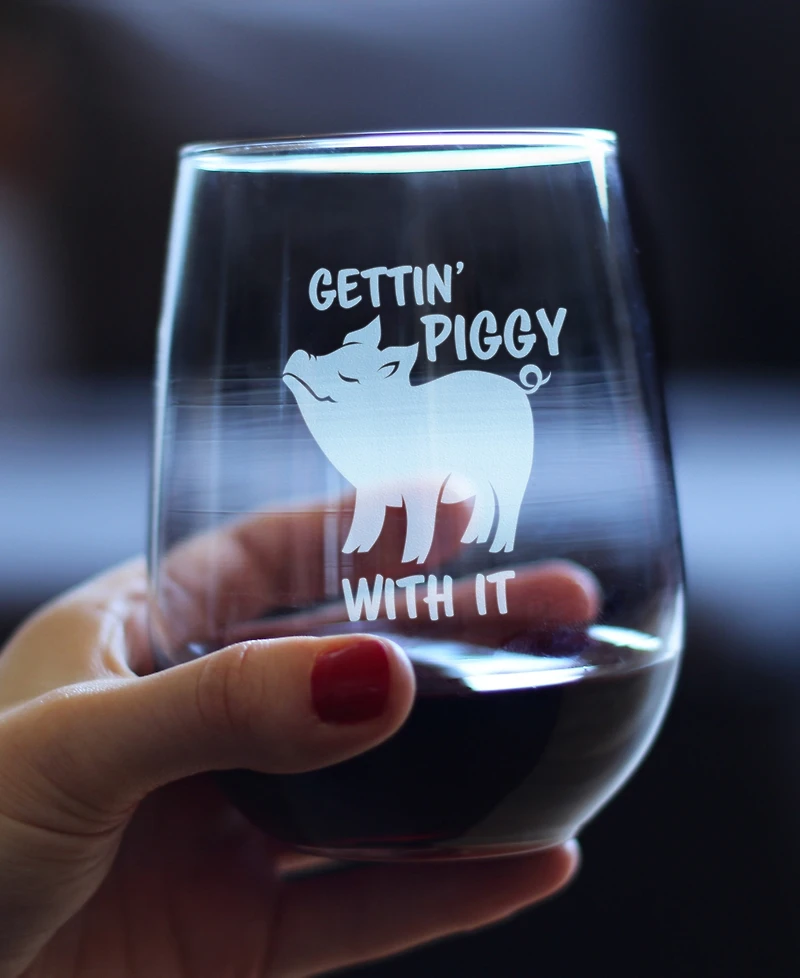 Bevvee Gettin' Piggy Funny Pig Gifts Stem Less Wine Glass, 17 oz