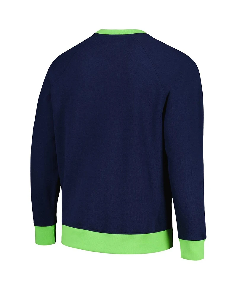 Men's Tommy Hilfiger College Navy, Neon Green Seattle Seahawks Reese Raglan Tri-Blend Pullover Sweatshirt