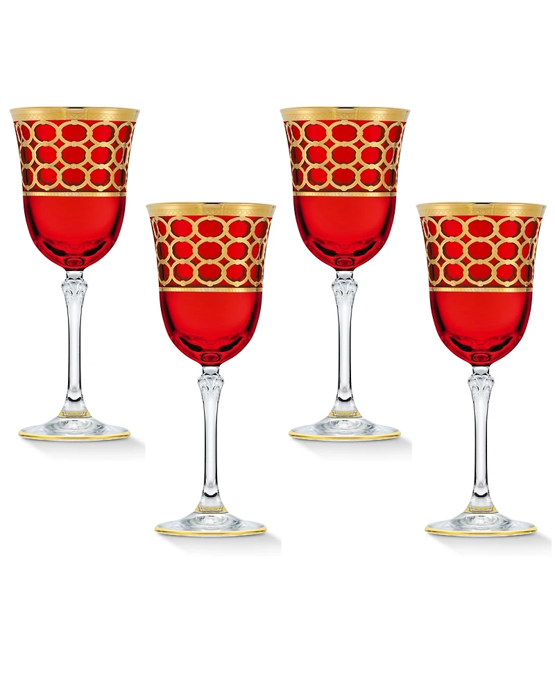 Lorren Home Trends Deep Red Colored Red Wine Goblet with Gold-Tone Rings, Set of 4