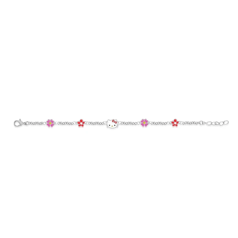 Sanrio Hello Kitty Officially Licensed Authentic Silver Plated Bracelet with Flowers and Crystals - 6.5 + 1"