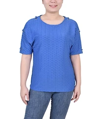 Ny Collection Petite Short Sleeve Honeycomb Textured Grommet Top
