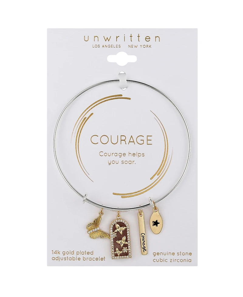 Unwritten Cubic Zirconia and Strawberry Quartz Butterfly and 14K Gold Plated Courage Bangle Bracelet
