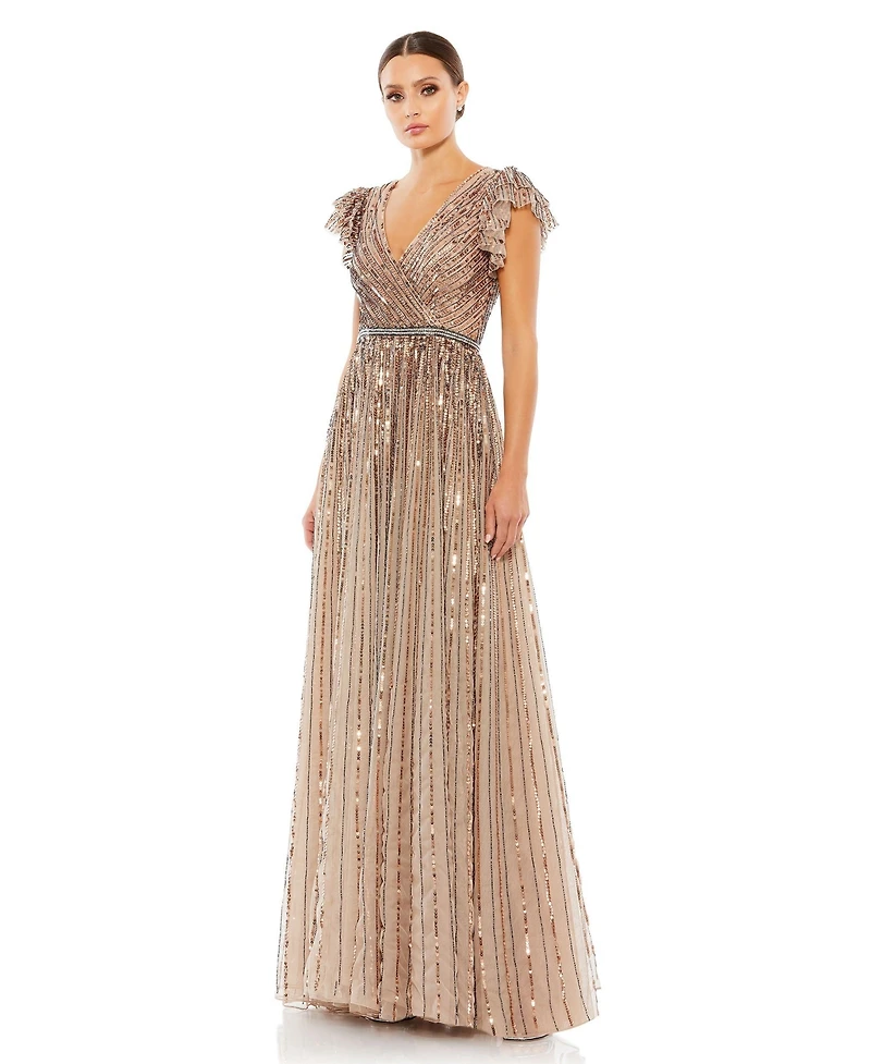 Mac Duggal Women's Sequined Wrap Over Ruffled Cap Sleeve Gown