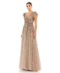 Mac Duggal Women's Sequined Wrap Over Ruffled Cap Sleeve Gown