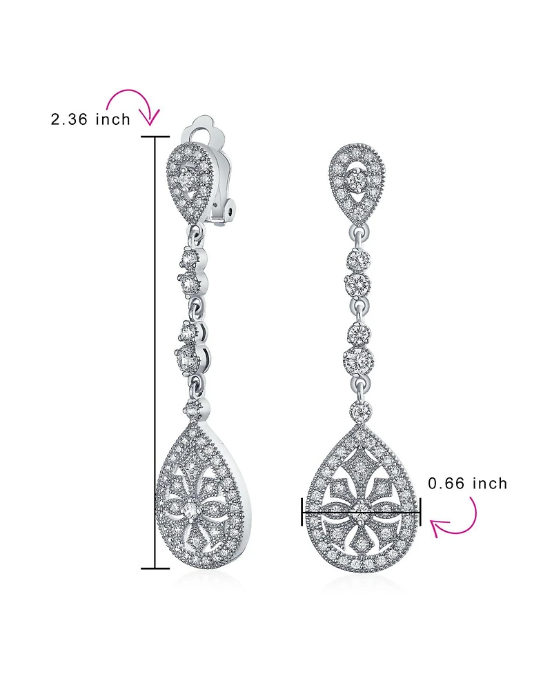 Bling Jewelry Art Deco Style Filigree Teardrop Cubic Zirconia Chandelier Clip On Earrings