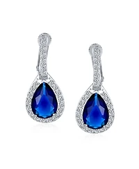 Bling Jewelry 7CT Style Halo Royal Blue Cubic Zirconia Cz Dangle Drop Teardrop Screw Back Clip On Earrings Rhodium Plated