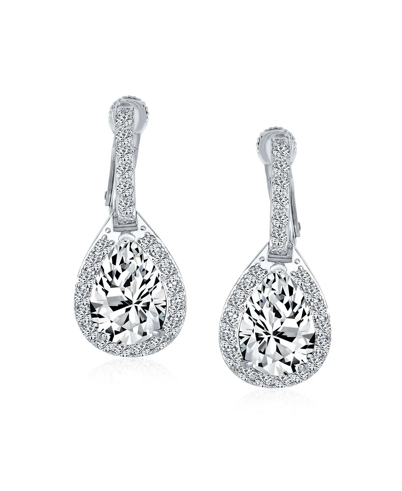 Bling Jewelry 7CT Style Halo Royal Blue Cubic Zirconia Cz Dangle Drop Teardrop Screw Back Clip On Earrings Rhodium Plated