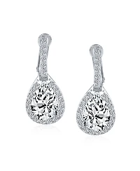 Bling Jewelry 7CT Style Halo Royal Blue Cubic Zirconia Cz Dangle Drop Teardrop Screw Back Clip On Earrings Rhodium Plated