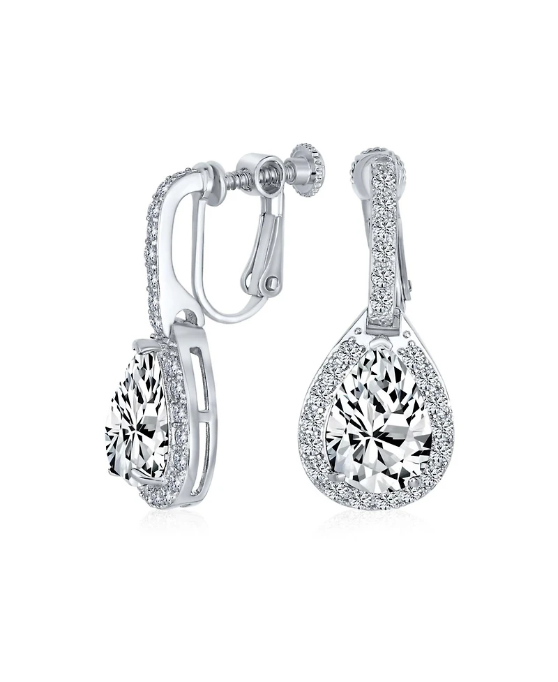 Bling Jewelry 7CT Style Halo Royal Blue Cubic Zirconia Cz Dangle Drop Teardrop Screw Back Clip On Earrings Rhodium Plated