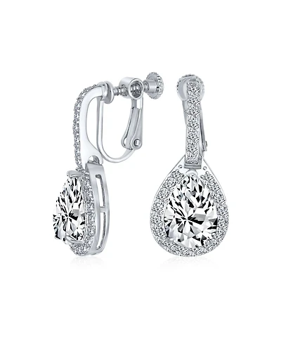 Bling Jewelry 7CT Style Halo Royal Blue Cubic Zirconia Cz Dangle Drop Teardrop Screw Back Clip On Earrings Rhodium Plated