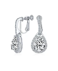 Bling Jewelry 7CT Style Halo Royal Blue Cubic Zirconia Cz Dangle Drop Teardrop Screw Back Clip On Earrings Rhodium Plated