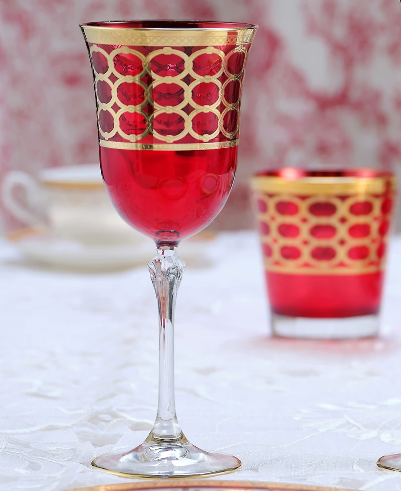 Lorren Home Trends Deep Red Colored White Wine Goblet with Gold-Tone Rings, Set of 4