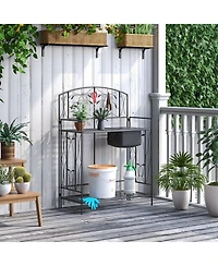 Outsunny Folding Potting Bench Table, Metal Garden Workstation, Work Bench with Large Built-in Bag with Cover, 5 Hanging Hooks & Storage Shelf, Leaf P