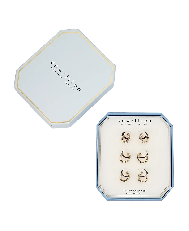 Unwritten 14K Gold Flash Plated Cubic Zirconia and White Imitation Pearl Hoop 6-Piece Earring Set