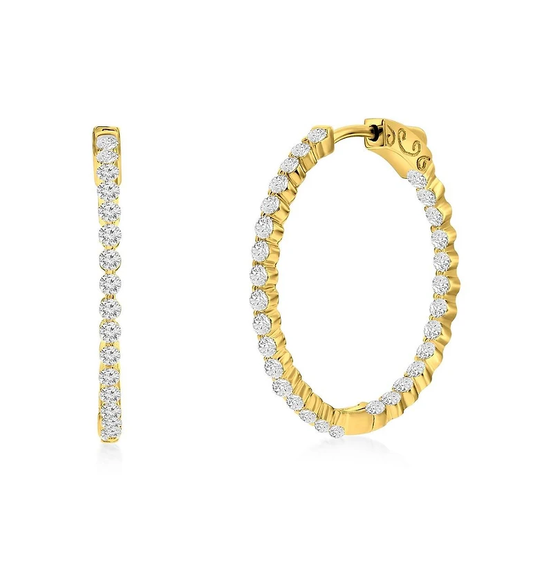 Sterling Silver or Gold Plated Over 30mm Inside-Outside Round Cz Hoop Earrings