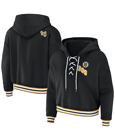 Women's Wear by Erin Andrews Black Boston Bruins Lace-Up Pullover Hoodie