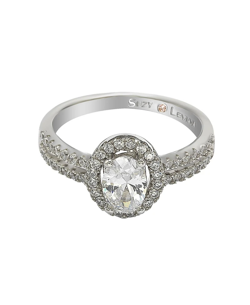 Suzy Levian Sterling Silver Oval Cut White Cubic Zirconia Halo Center Stone Ring