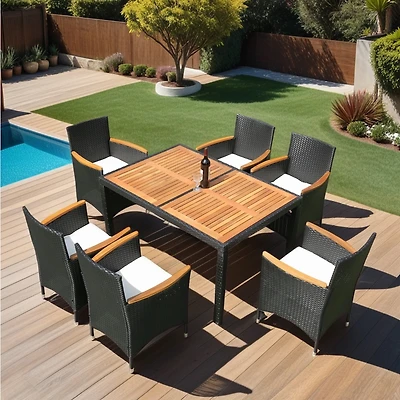 Streamdale 7-Piece Wicker Dining Set with Acacia Top