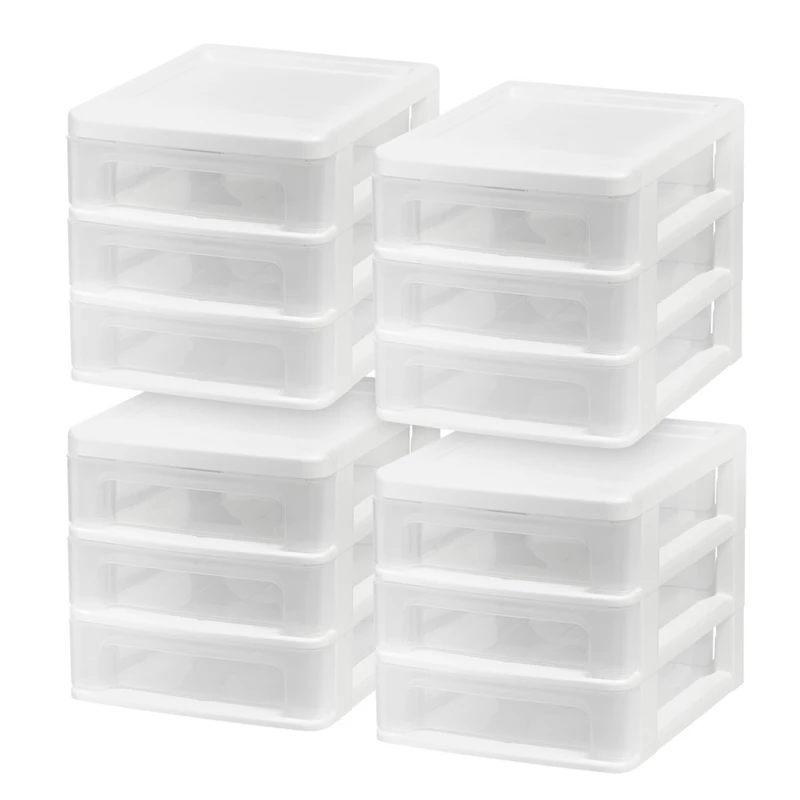 Iris 4 Pack Small 3-Drawer Desktop Organizer for Office, Files & Supplies, White