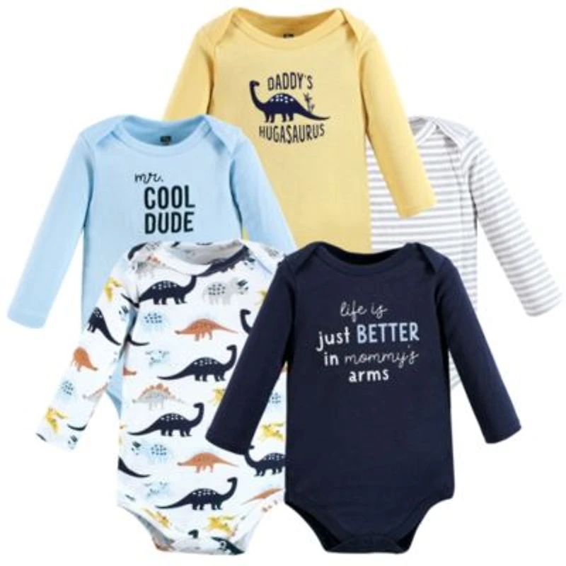 Hudson Baby Baby Boys Hudson Soft Cotton Long Sleeve Bodysuit Bundle 5 Count
