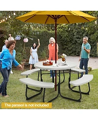 Outdoor 8-person Round Picnic Table Bench Set with 4 Benches & Umbrella Hole