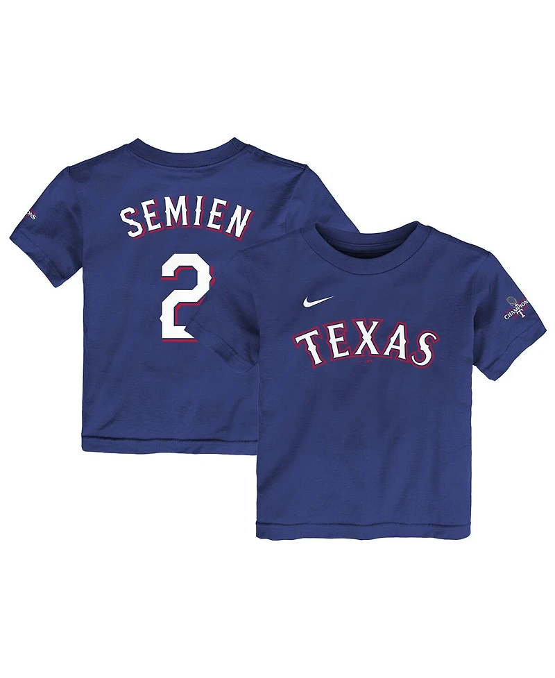 Toddler Boys and Girls Nike Marcus Semien Royal Texas Rangers 2023 World Series Champions Name and Number T-shirt