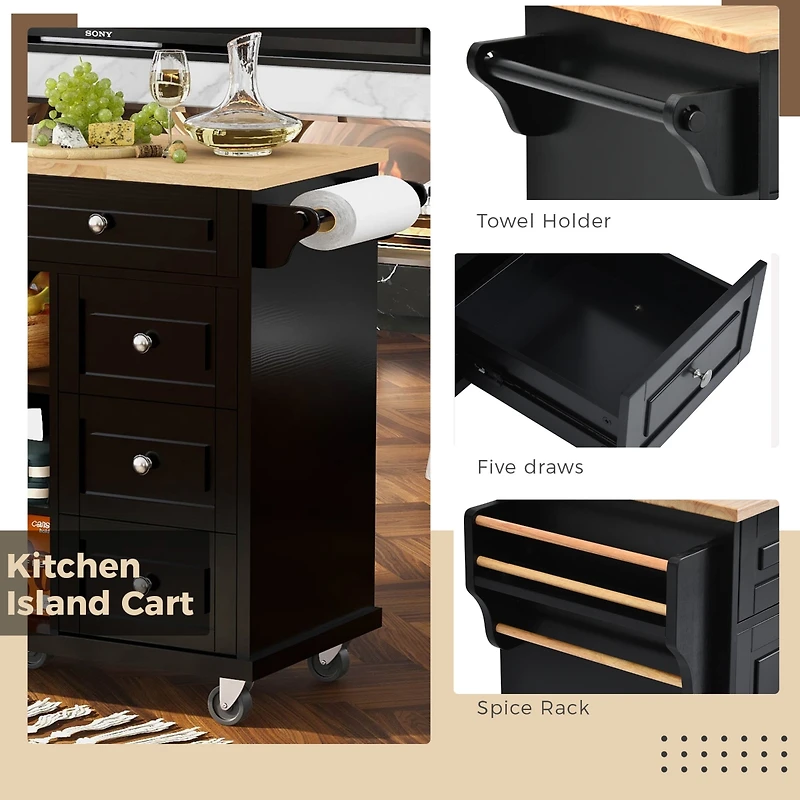 Streamdale Mobile Kitchen Cart with Rubber Wood Desktop and 5 Draws - 53" Length