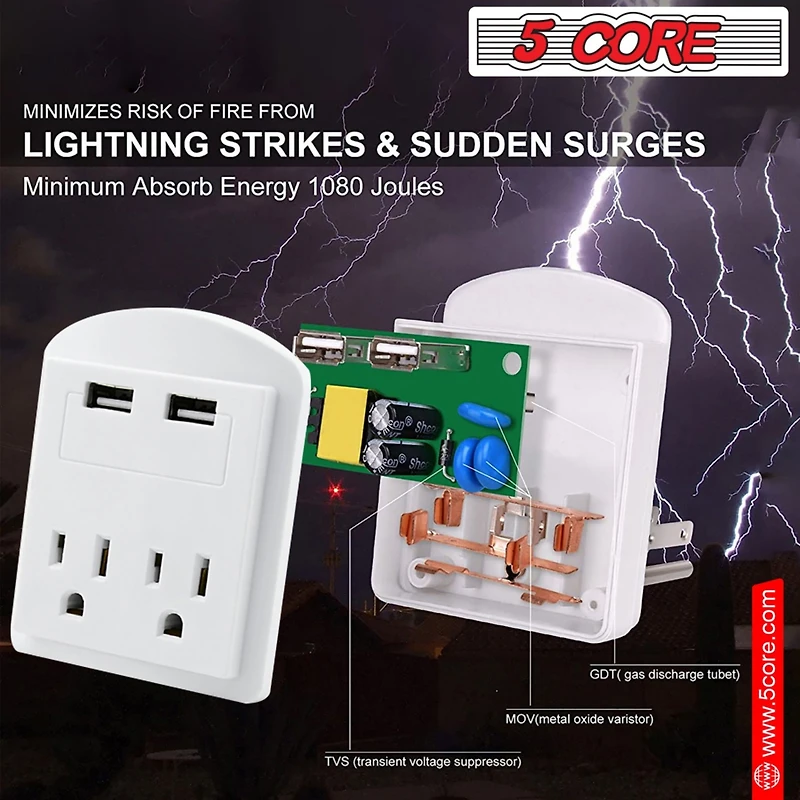 5 Core European Travel Plug Adapter, International Power Plug w/ 2 Usb, 2 Outlet Surge Protector Adaptor Charger