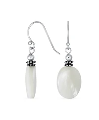 Bling Jewelry Bali Style White Mother of Pearl Milgrain Caviar Bead Accent Oval Drop Earrings Sterling Silver Oxidized Wire Fish Hook