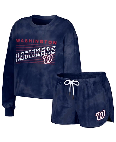 Women's Wear by Erin Andrews Navy Distressed Washington Nationals Tie-Dye Cropped Pullover Sweatshirt and Shorts Lounge Set