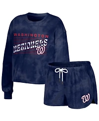 Women's Wear by Erin Andrews Navy Distressed Washington Nationals Tie-Dye Cropped Pullover Sweatshirt and Shorts Lounge Set