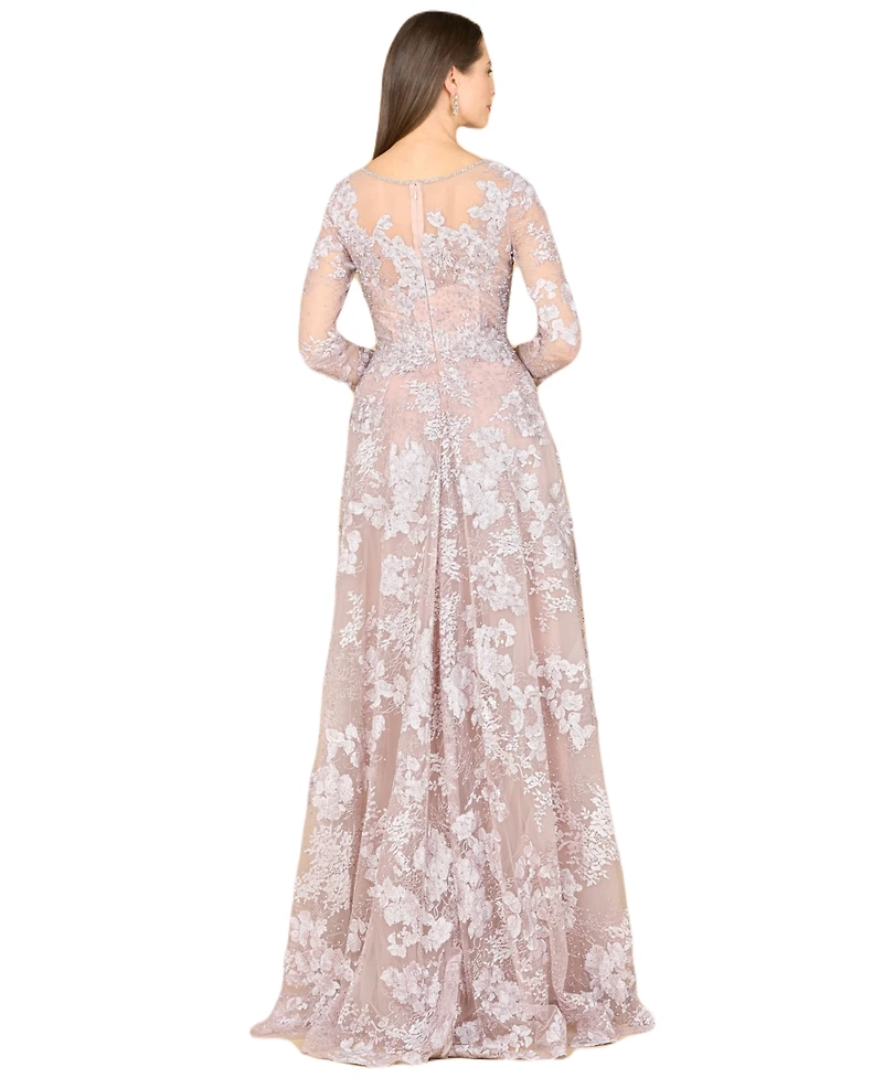 Women's Long Sleeve, Illusion Neck Gown
