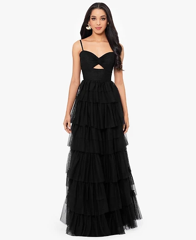 Blondie Nites Juniors' Tiered-Mesh Cut-Out Dress