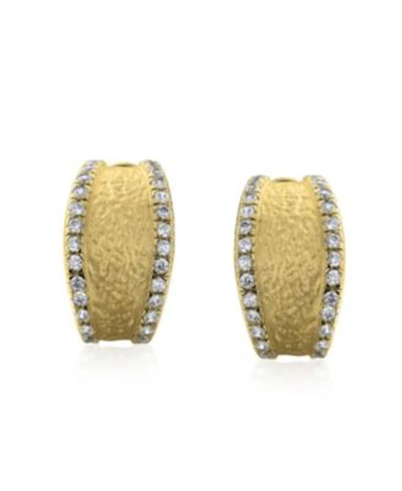 Bling Jewelry Fashion Matte Hammered Shrimp Half Hoop Earrings Cubic Zirconia Pave Edge Cz Accent Stabilizing Omega Clip