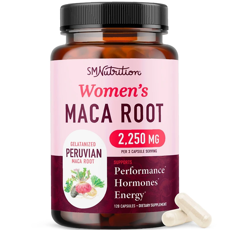 Organic Maca Root Capsules for Women, Peruvian Maca 2250MG Extra Strength, Supports Energy, Hormone Balance & Menopause, SMNutrition, 120ct