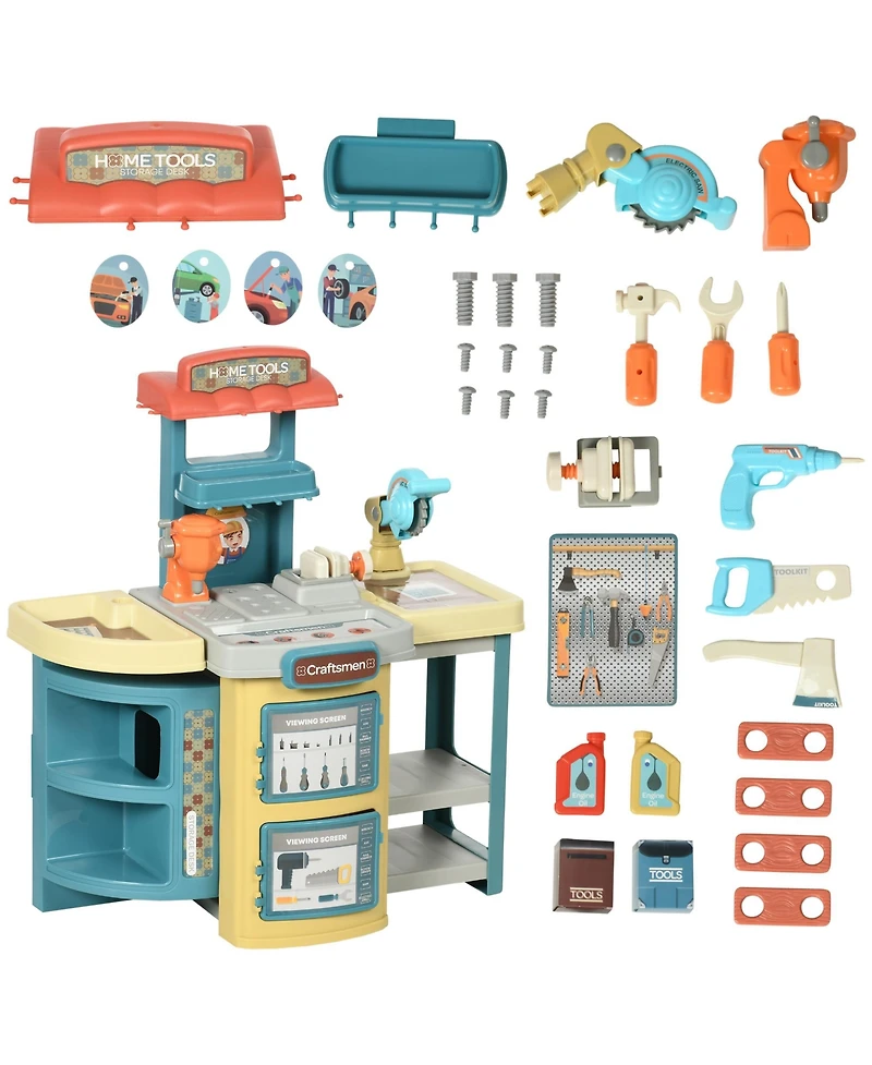 Qaba Kids Tool Set, 47 Pieces Pretend Play Kids Workbench, Toddler Tool Bench & Trolley for Children, Gift for Boys and Girls Aged 3-6 Years Old