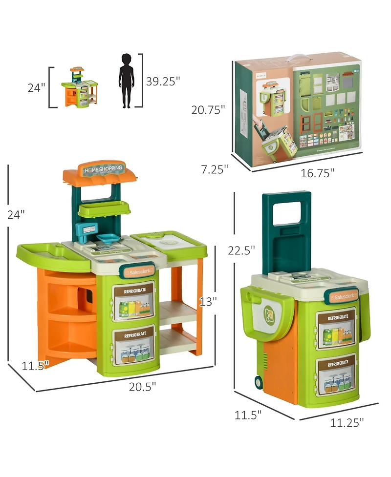 Qaba 58Pcs Grocery Store Pretend Play Kids Trolley with Cash Register Stand, Foldable Play Store for Kids with Scanner, Play Food Vegetable, Extra Sto