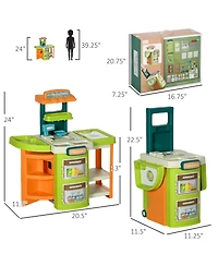 Qaba 58Pcs Grocery Store Pretend Play Kids Trolley with Cash Register Stand, Foldable Play Store for Kids with Scanner, Play Food Vegetable, Extra Sto