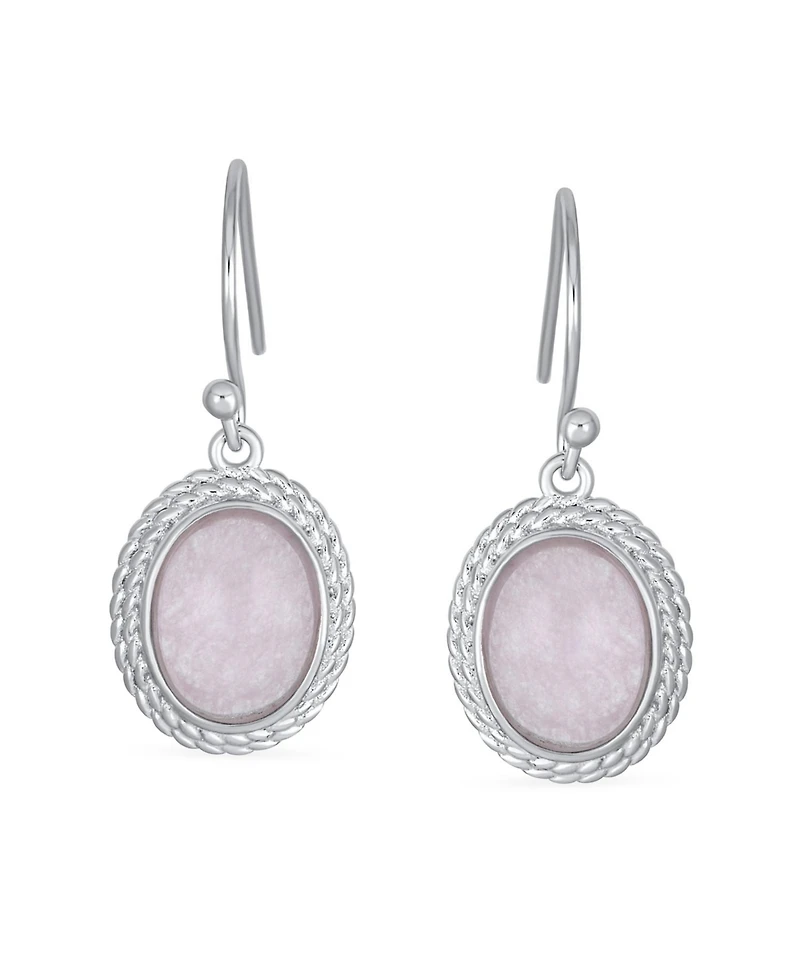 Bling Jewelry Western Style Natural Pink Quartz Milgrain Cable Edge Oval Drop Earrings Sterling Silver Wire Fish Hook