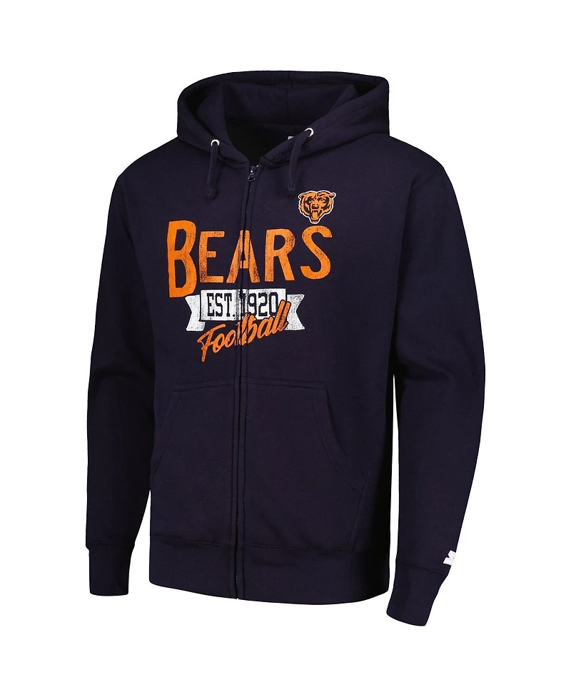 Men's Starter Navy Distressed Chicago Bears Domestic Post Season Full-Zip Hoodie