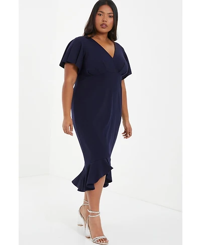 Quiz Women's Plus Scuba Crepe V-Neck Frill Midi Dress