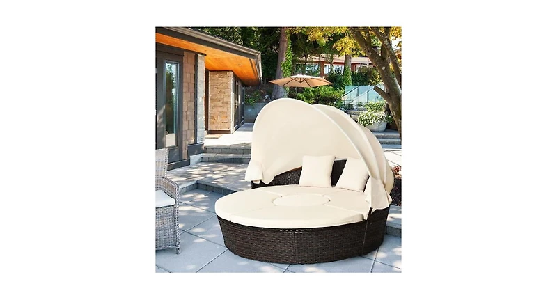 Patio Rattan Daybed Cushioned Sofa with Adjustable Table Top and 3 Pillows