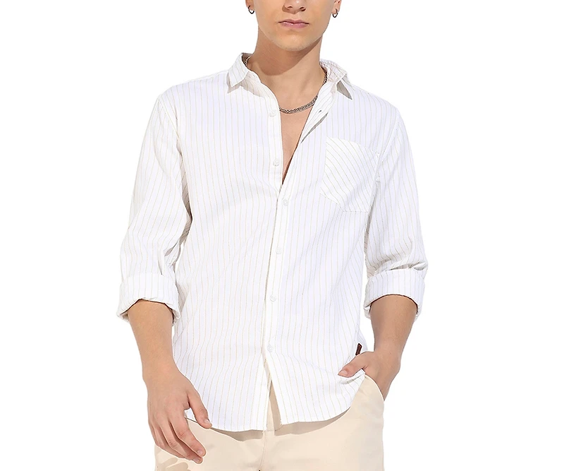 Campus Sutra Men's White Chalk Striped Shirt