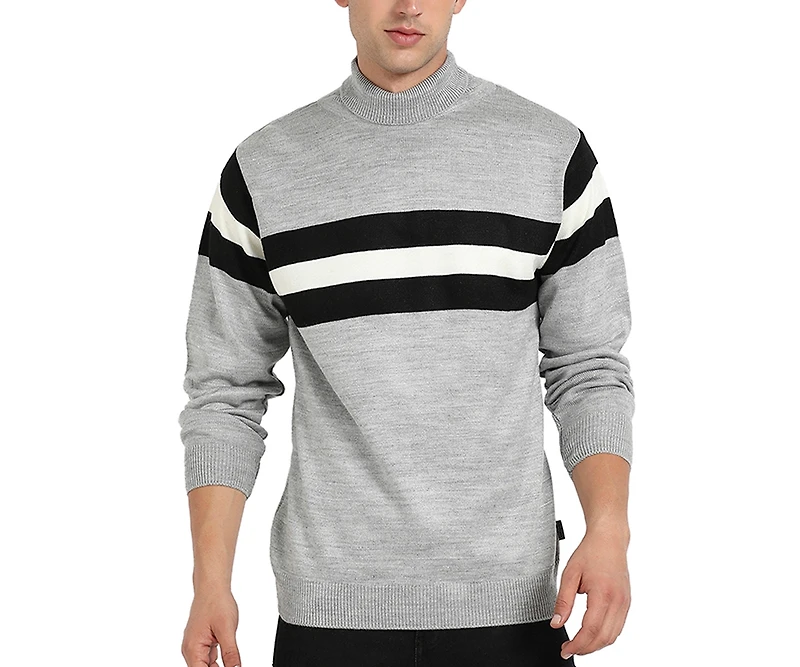 Campus Sutra Men's Light Grey Relaxed Horizontal Striped Pullover Sweater